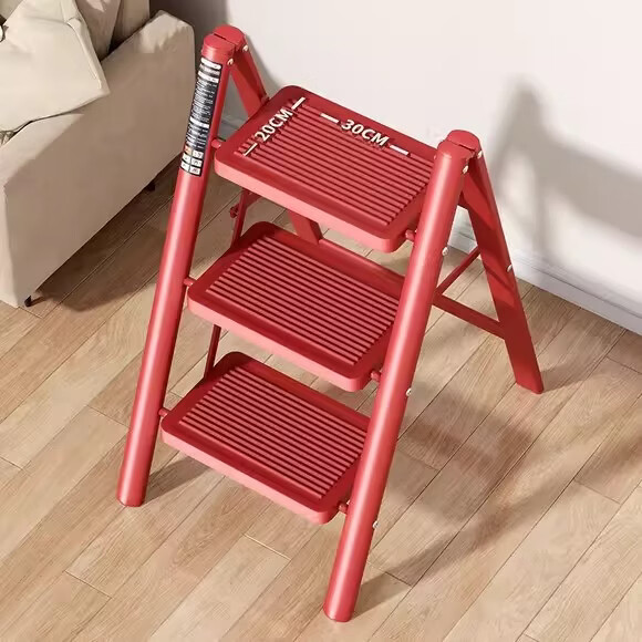 吱凡日本乔迁家用梯子折叠步步高升加厚多功能人字梯室内小型登高爬梯 【4步梯】踏板升级款-喜庆红-加宽30%稳固不晃