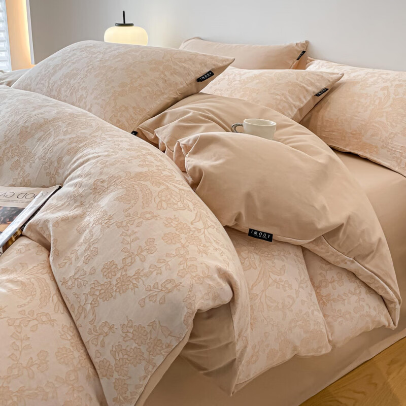 水星家纺床上四件套纯棉磨毛被套被罩加厚床单笠款三件套轻奢床品 韵绣 床笠款 1.8m四件套