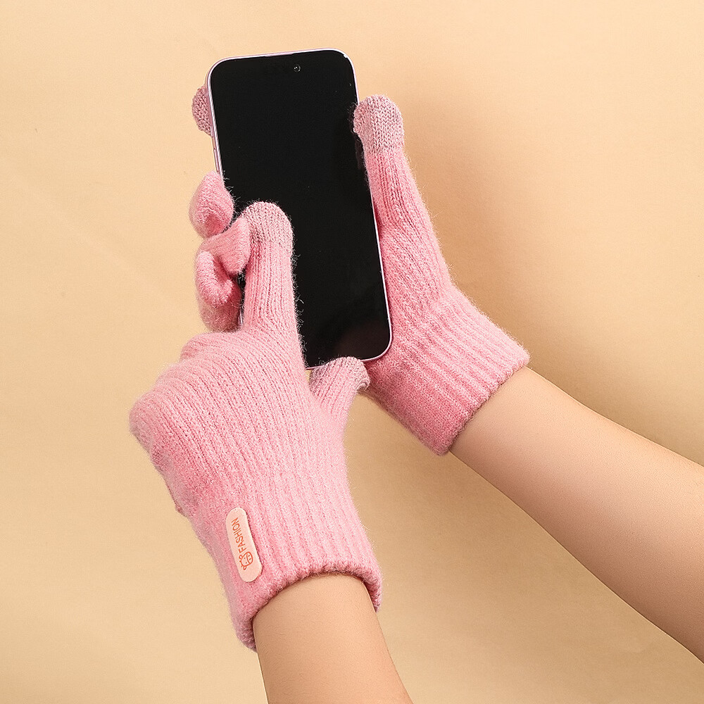 【厂家直发】针织保暖手套女韩系ins学生秋冬季防寒加绒触屏骑车 粉色【美拉德竖标】