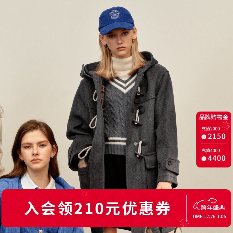 ELAND【经典长期主义】羊毛衣恋毛呢外套女休闲大衣骐骥红2025冬季新款 EEJWF4TE01灰色(15)Grey XS /155