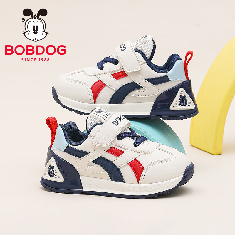 巴布豆（BOBDOG）童鞋男童冬季加绒百搭学步鞋2025舒适保暖小童机能鞋宝宝鞋女 米/藏青蓝53146(革面) 27 适合脚长15.8cm