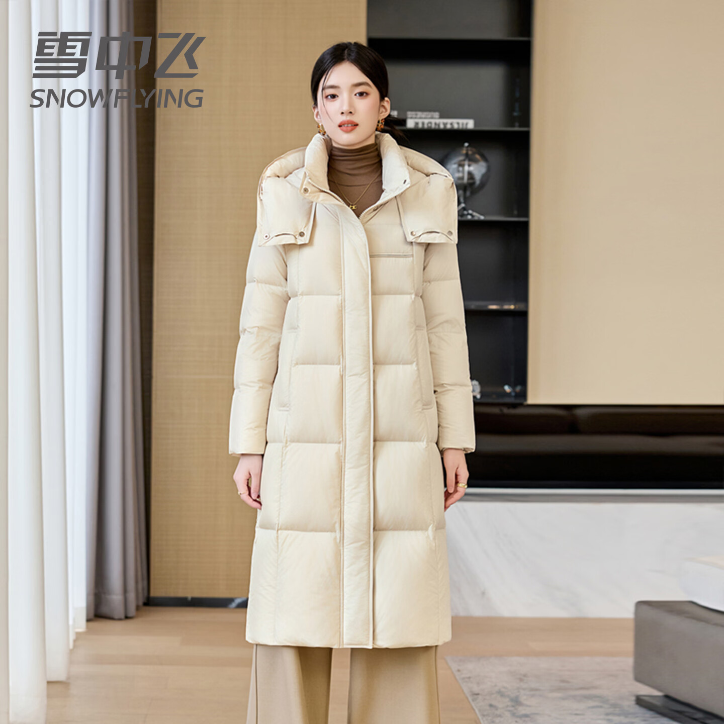 雪中飞过膝加厚羽绒服女中长款2026年新款直筒通勤气质百搭冬季保暖外套 米白 XL 170/92A