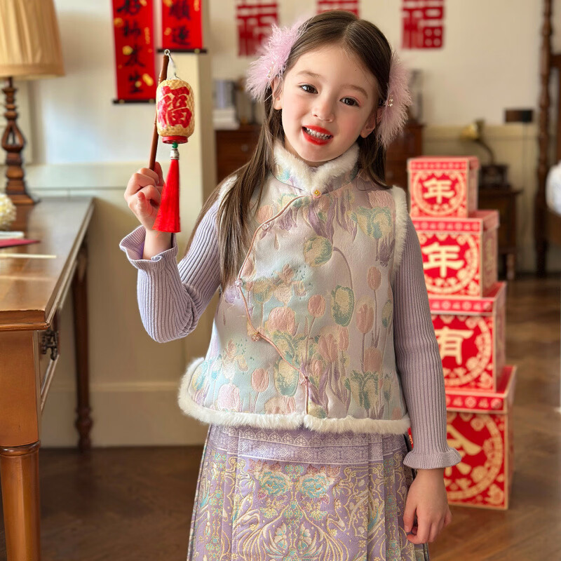 栀了成长记童装女童国风唐装上衣2025冬季儿童郁金香夹棉新年马甲 紫色 马甲 150