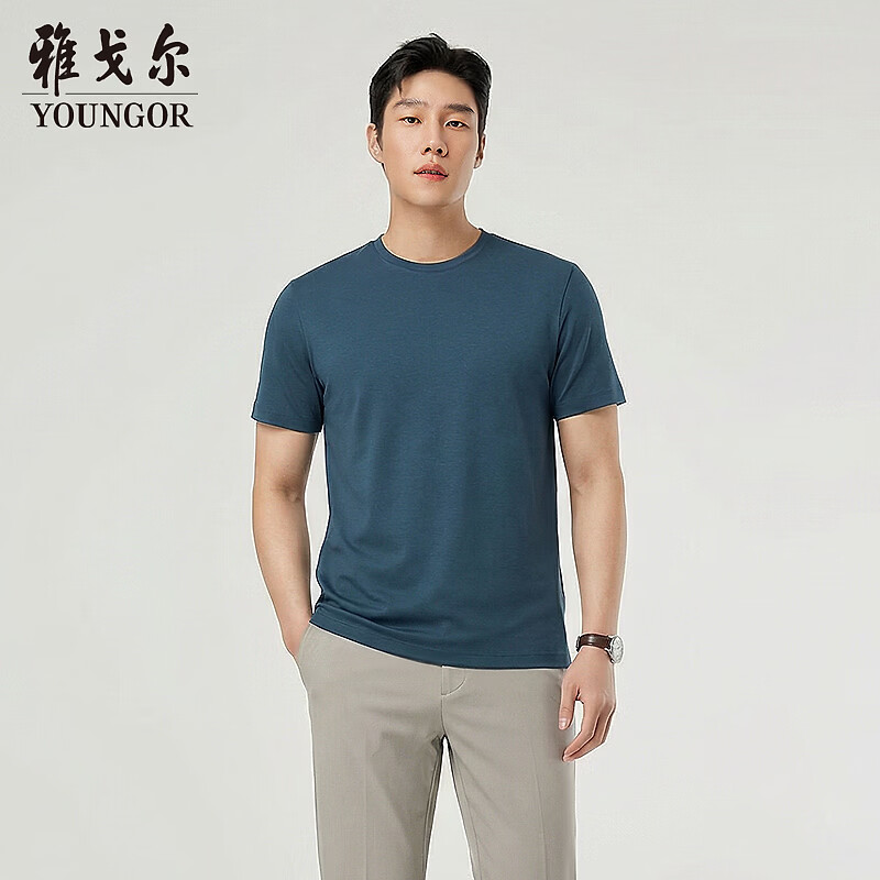 雅戈尔（YOUNGOR）短袖T恤男棉混纺丝光棉T恤瞬间凉感凉爽亲肤滑爽透气2026新品 墨绿VSPC513124PYA L 175/96A（推荐135-150斤）