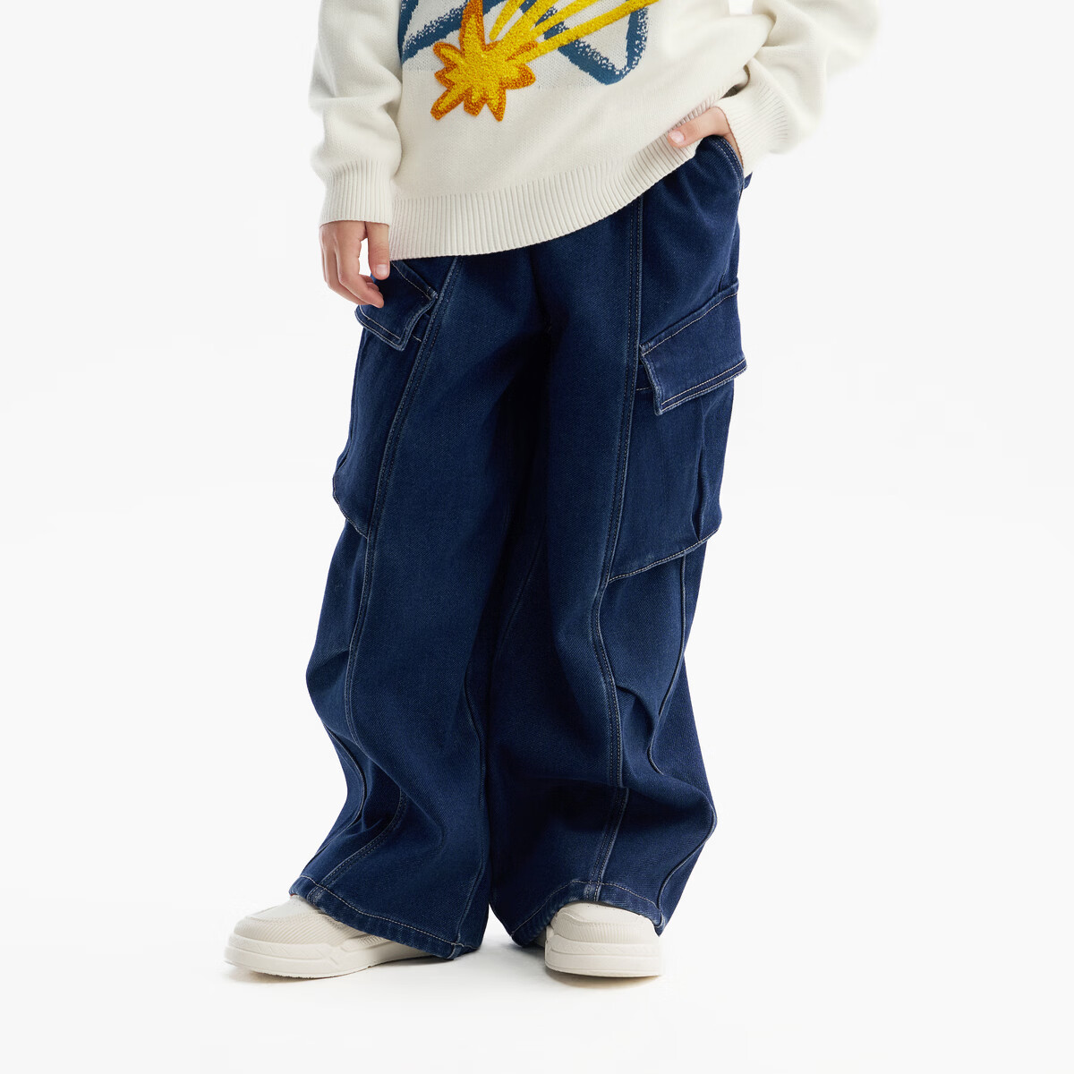 马骑顿[蓄暖]MQD童装男童牛仔裤25冬新款儿童针织摇粒绒直筒加厚长裤子 中牛仔蓝 140