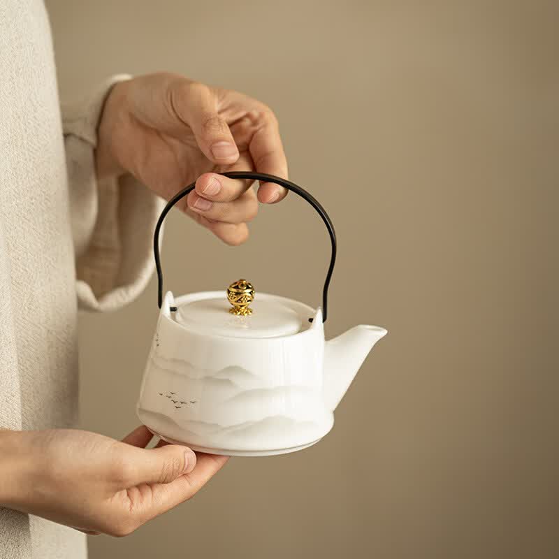 【厂家直销】羊脂玉提梁壶远山白瓷茶壶家用高档功夫茶具陶瓷泡茶 水墨山水—白瓷提梁壶 250ml