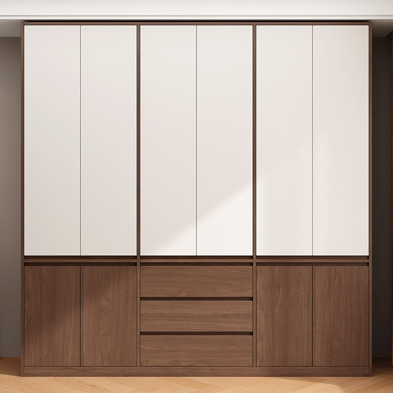 东璨实木衣柜卧室家用中古风大衣柜大容量收纳柜骨骼线衣橱定制储物柜 【主柜】长120*深60*高200cm 白色+胡桃色【实木生态板】