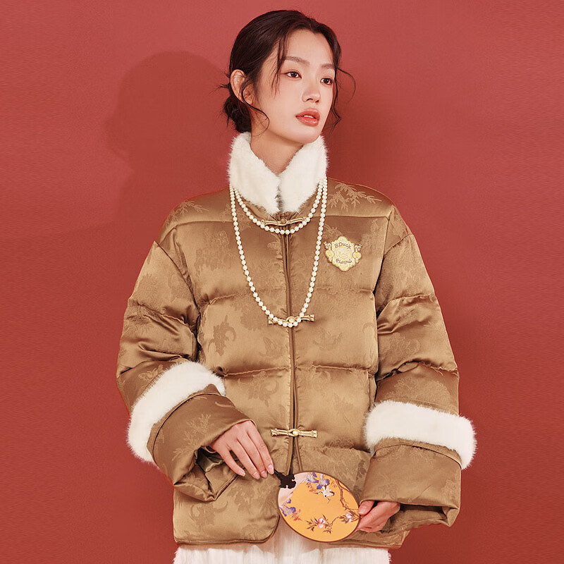 B.Duck小黄鸭毛绒领羽绒服女2026新年款新中式90白鸭绒羽绒外套 鎏金色 M