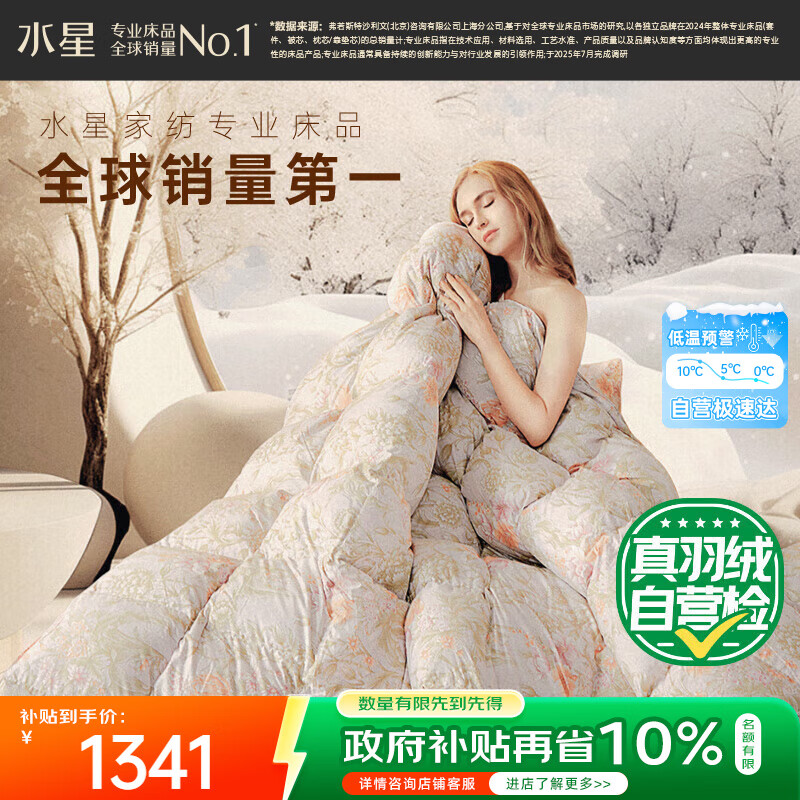 水星家纺羽绒被子白鸭绒被子冬季加厚冬被芯双人羽绒被200cm×230cm-1000g