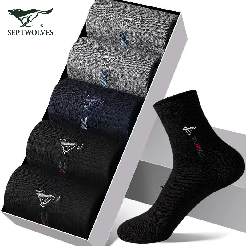七匹狼袜子男纯棉秋冬季休闲男袜中高筒袜子时尚男袜吸汗透气棉袜 纯棉厚款中筒袜 混色 5双