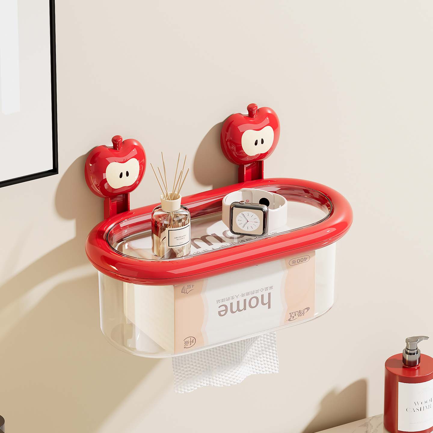 橱明星卫生间厕纸盒厕所吸盘壁挂式纸巾盒免打孔卫生纸置物架卡通抽纸盒 红苹果-吸盘式 带盖子加抽纸口【抽纸/卷纸通用】