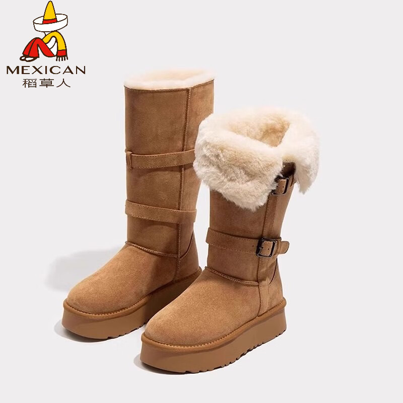 稻草人（MEXICAN）高筒灰色雪地靴女2026冬季新款厚底加绒加厚中长筒雪地棉靴子棉鞋 长筒栗色 35