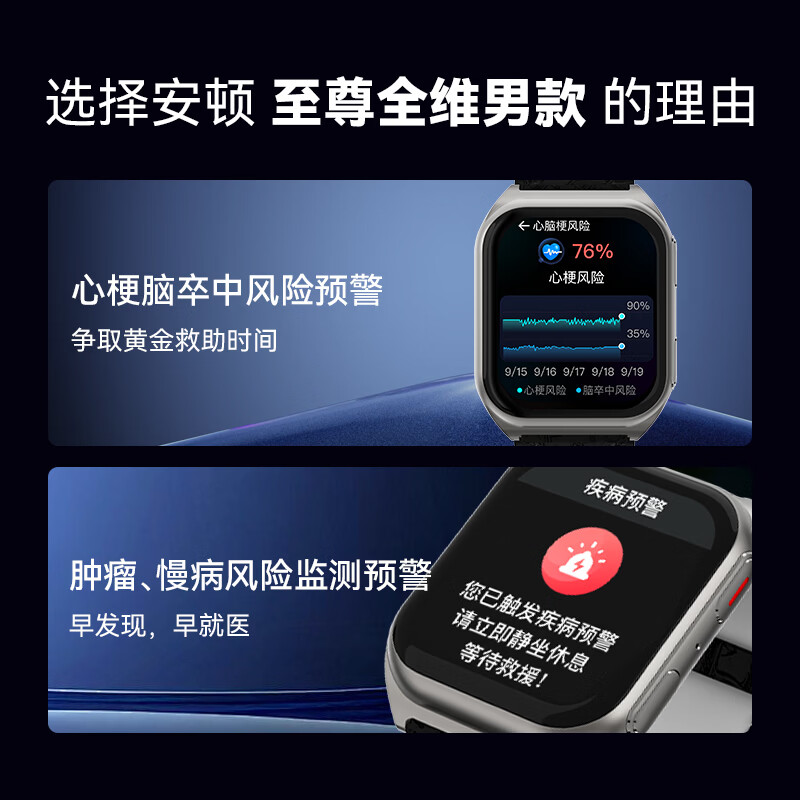 安顿智能手表心梗脑智能健康监测预警手表手环心率血氧血脂健康智能表多送礼送老人新品 至尊全维版-【钛空灰】赠冷灰氟橡胶表带*1