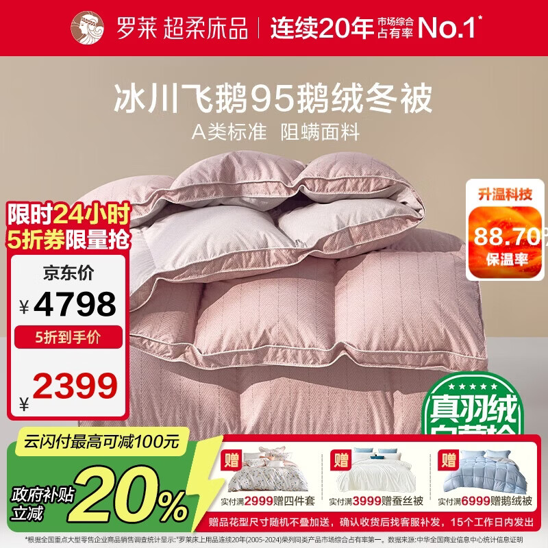罗莱家纺 羽绒被 A类95%水洗鹅绒被子保暖冬被芯 约5.2斤粉