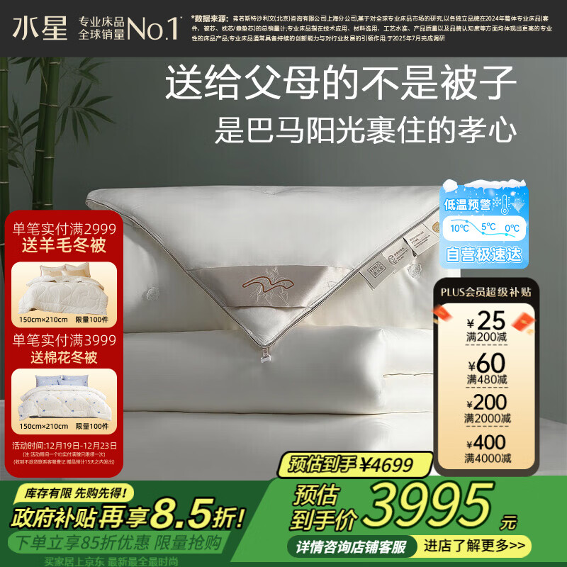 水星家纺100%桑蚕丝被子冬季子母被 100支长绒棉冬被芯约12.7斤220×240cm