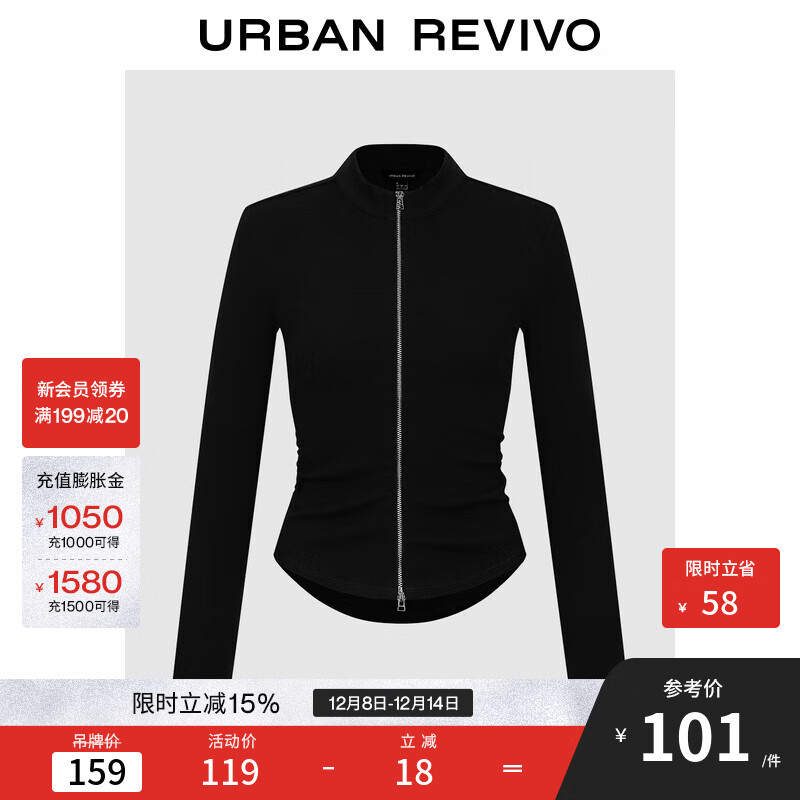 UR2025冬季新款女装气质立领拉链褶皱修身外套UWM150134 黑色 M