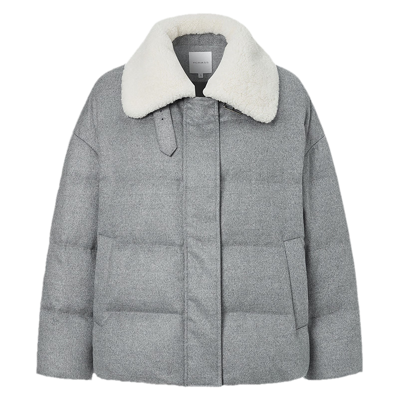 VGRASS26冬新款桑蠶絲混紡毛呢含駱駝絨90鵝絨羽絨撞色羊毛翻領女 銀灰色 XS