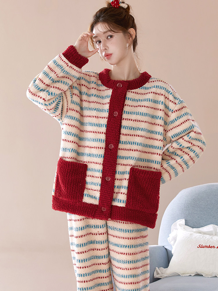 雅鹿睡衣冬女加绒保暖睡衣女士秋冬季2025新款珊瑚绒大码家居服圣诞套 NSJLY-KS274柏林纪事圆领女 L (100斤-120斤）