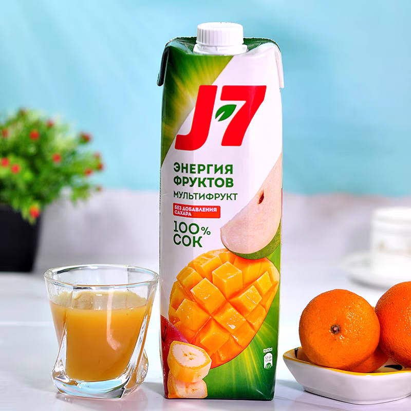 J7【俄罗斯国家馆】俄罗斯原装进口果汁饮料苹果汁樱桃汁橙汁果蔬 j7混合果汁100% 970mL*4盒