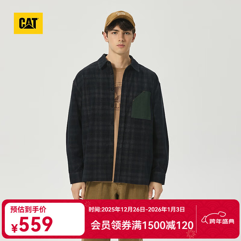 CAT卡特新品男士复古格纹宽松舒适工装外套式衬衫轻户外 深灰色 XL