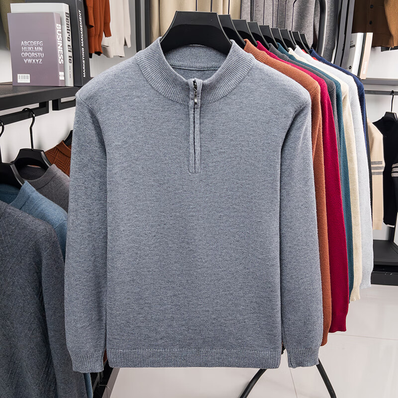 布卡澜琦男士秋冬新款长袖半拉链毛衣宽松休闲套头针织衫保暖加厚针织毛衣 MY007【中灰】 面料升级 XL /115/52（建议135-150斤）