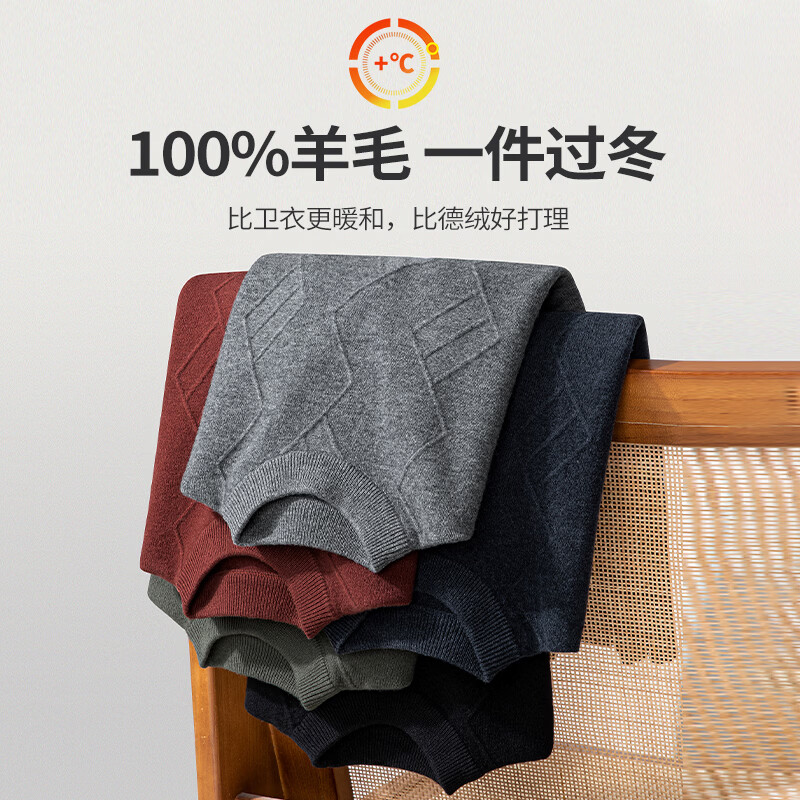 SHANSHAN杉杉纯羊毛衫男秋冬100%绵羊毛加厚柔软保暖毛衣休闲圆领高档上衣 黑色 L /175