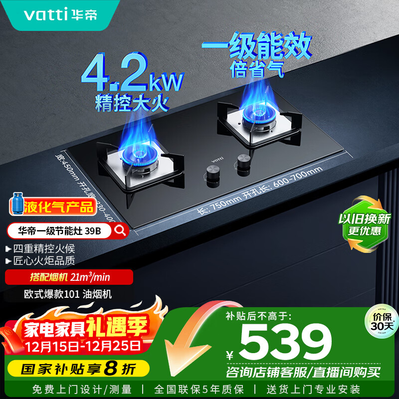华帝（VATTI）【液化气商品】国家补贴20%燃气灶液化气家用台式嵌入式两用4.2kW大火力煤气灶双灶台灶具i10039