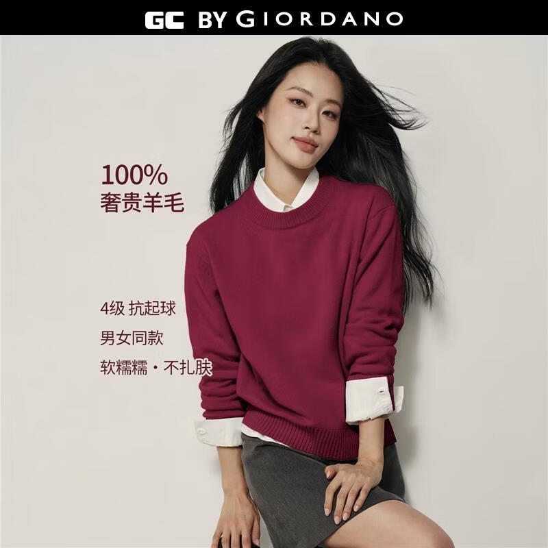 GIORDANO CONCEPTS 秋冬新款针织衫男女同款纯羊毛衫刺绣宽松圆领套头毛衣12055607 27藏红 M