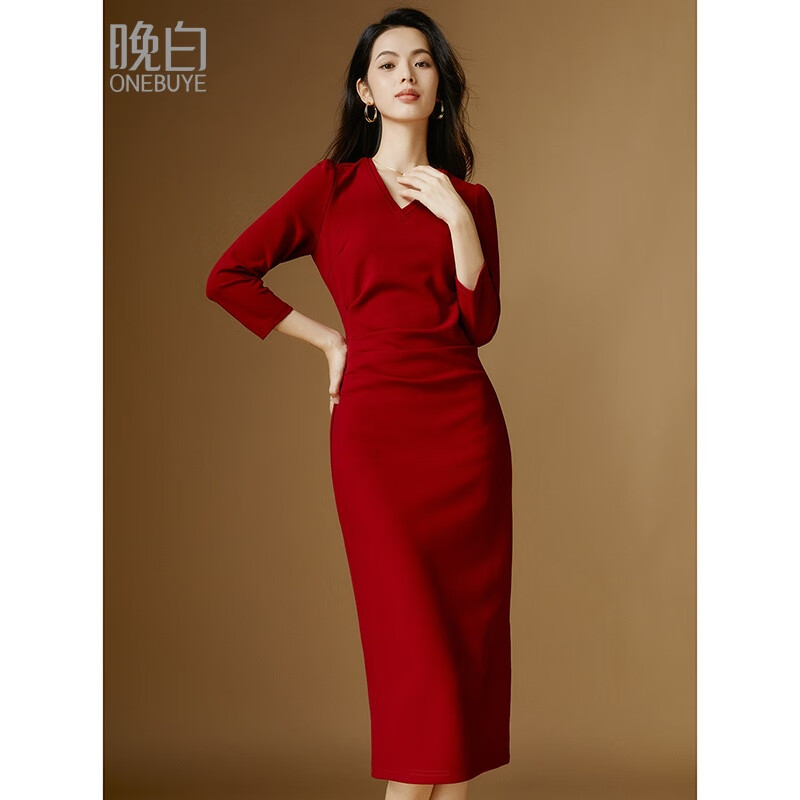 晚白【新品】2026春款时尚中国红V领裙子气质修身显瘦连衣裙 红色 S