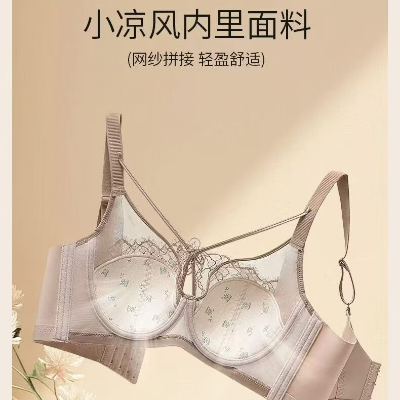 法式性感蕾丝提拉文胸大胸显小内衣女薄款软钢圈防下垂调整型胸罩 肤色 100C 44/100C