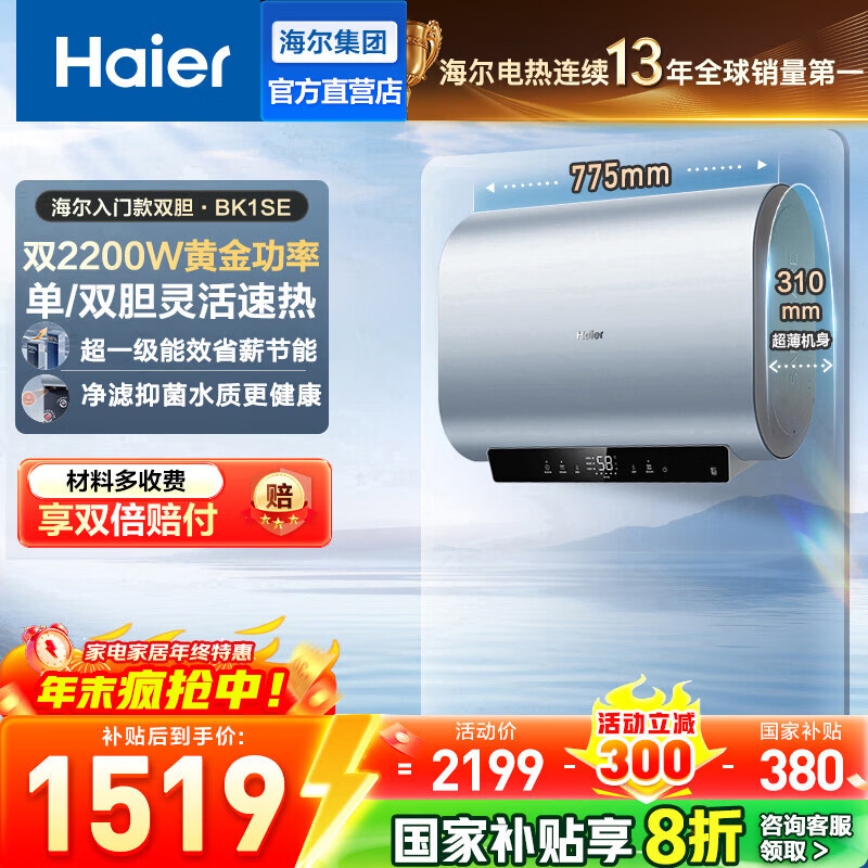 海尔（Haier）热水器 60升双胆扁桶电热水器【BK1SE】 双2200W黄金功率 国家补贴20% 超一级能效 家用超薄储水式 60L 2200W 咨询客服享底价BK1SE