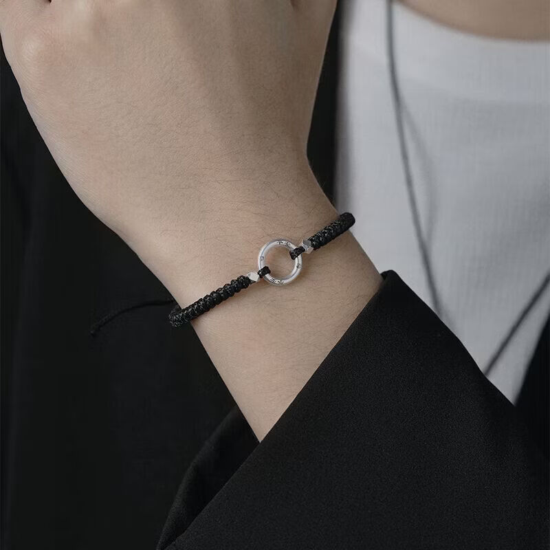 CHD纯银平安扣手链男女 999足银实心情侣编织手绳一对碎银子银饰男士 岁岁平安扣-男女同款(红绳)