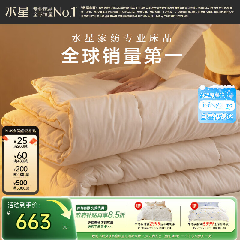 水星家纺棉被子棉花被子被芯纯棉A类新疆棉双人约6斤200x230cm