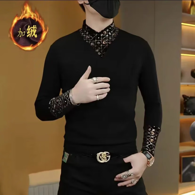 轻奢男士时尚潮流加绒保暖卫衣修身百搭时尚CGf围巾领卫衣jd 黑色【空气层加绒】 XL 建议(135-150斤)