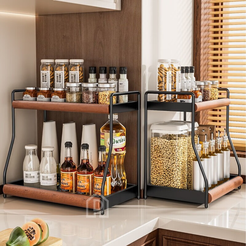 简漾中古风厨房调料品置物架家用台面双层多功能调味料油盐酱醋收纳架 中古风加厚碳钢进口榉木结合/高级有质感 32cm长