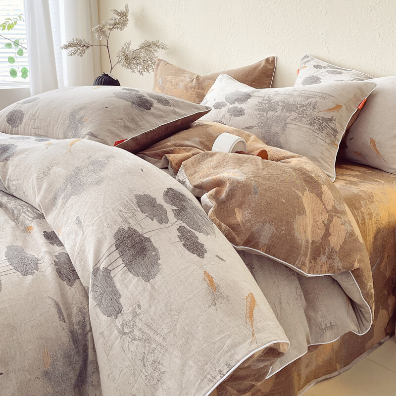 ROLAND LIVE全棉A类提花双层纱四件套正反两用单双人床被套透气床单床上用品 CW 全棉双层纱套件-荷芷 1.2米床 床单款 【被套150*200cm】