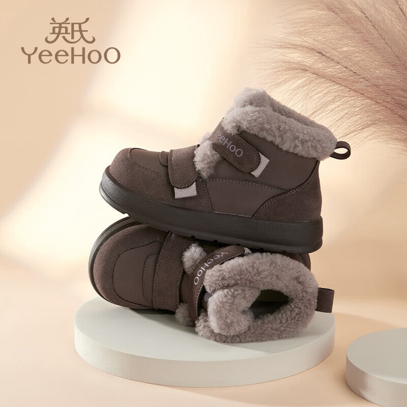 英氏(YEEHOO)童鞋加绒棉靴冬季2025新款中大童棉鞋户外休闲保暖雪地靴 卡其 37