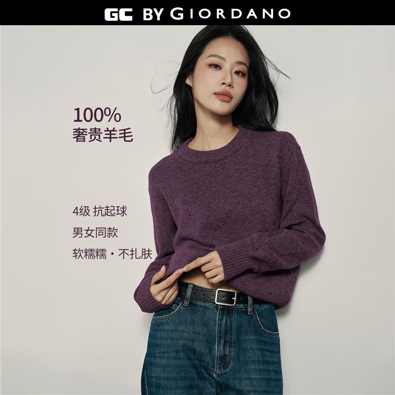 GIORDANO CONCEPTS 秋冬新款针织衫男女同款纯羊毛衫刺绣宽松圆领套头毛衣12055607 31深蓝紫 L
