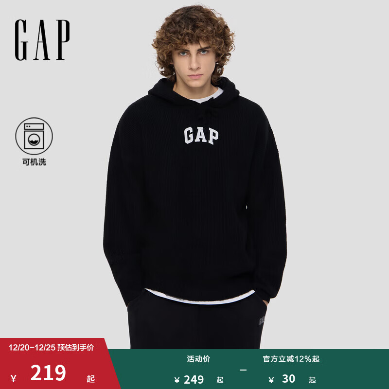 GAP男装2025秋季Logo刺绣宽松套头连帽针织衫 黑色 XL (180/100A)亚洲尺码
