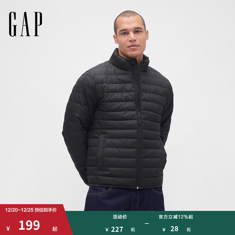 GAP男装2025秋季新款logo拉链立领棉服外套轻薄百搭美版790583 黑色 M 美码 L亚洲码180/96A