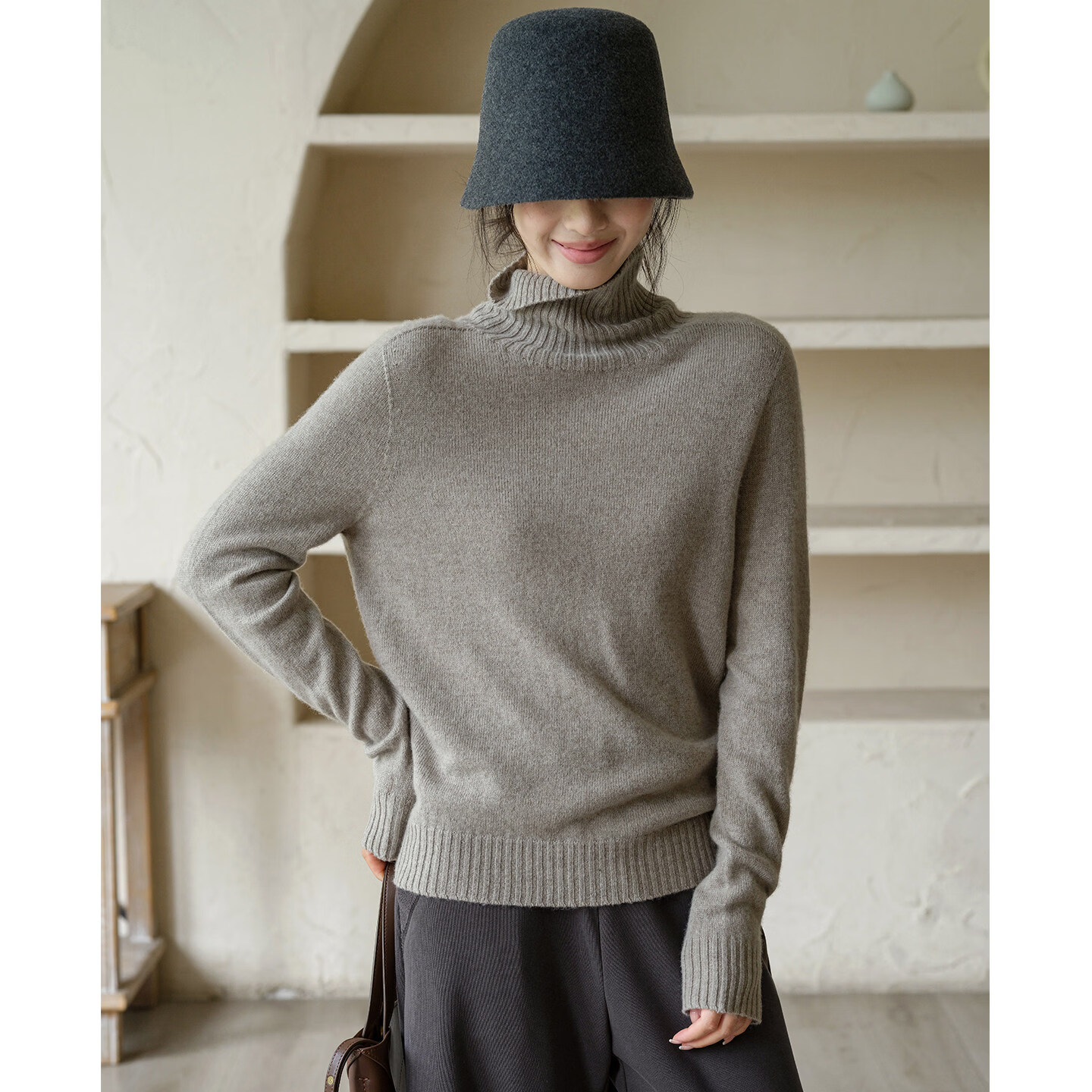 可然朴简【亦言】定制色 无缝一体100%软糯澳毛 纯羊毛衣高领打底衫女秋冬 暖驼灰 M