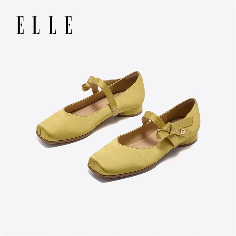 ELLE玛丽珍女鞋单鞋芭蕾舞鞋春季新款法式百搭一字带鞋子 柠芭色 跟高2cm 35 (225mm) 标准码