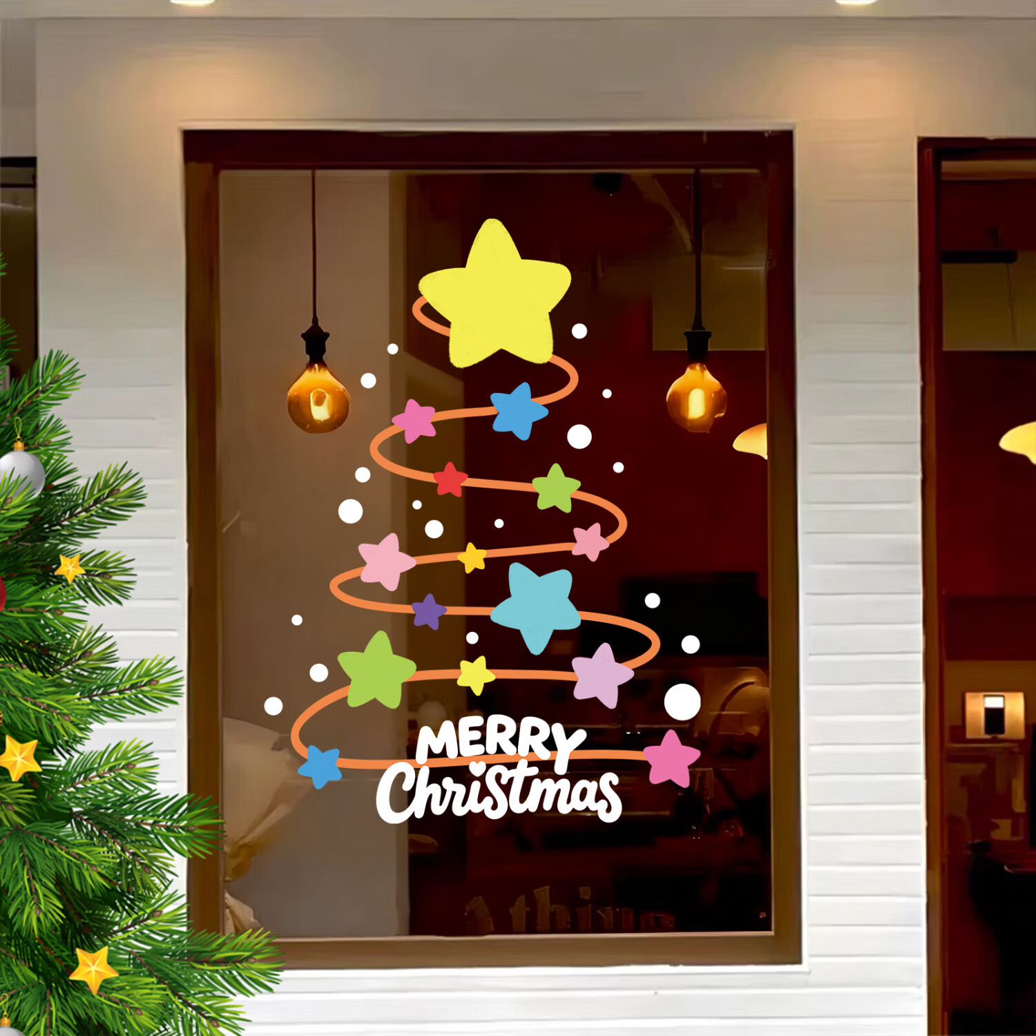 赛瓦凯圣诞树装饰窗贴静电贴商场橱窗圣诞节场景布置装扮窗花玻璃门贴纸 彩虹星星圣诞树【静电免胶/双面喷绘/双面同色】 28CM×35CM