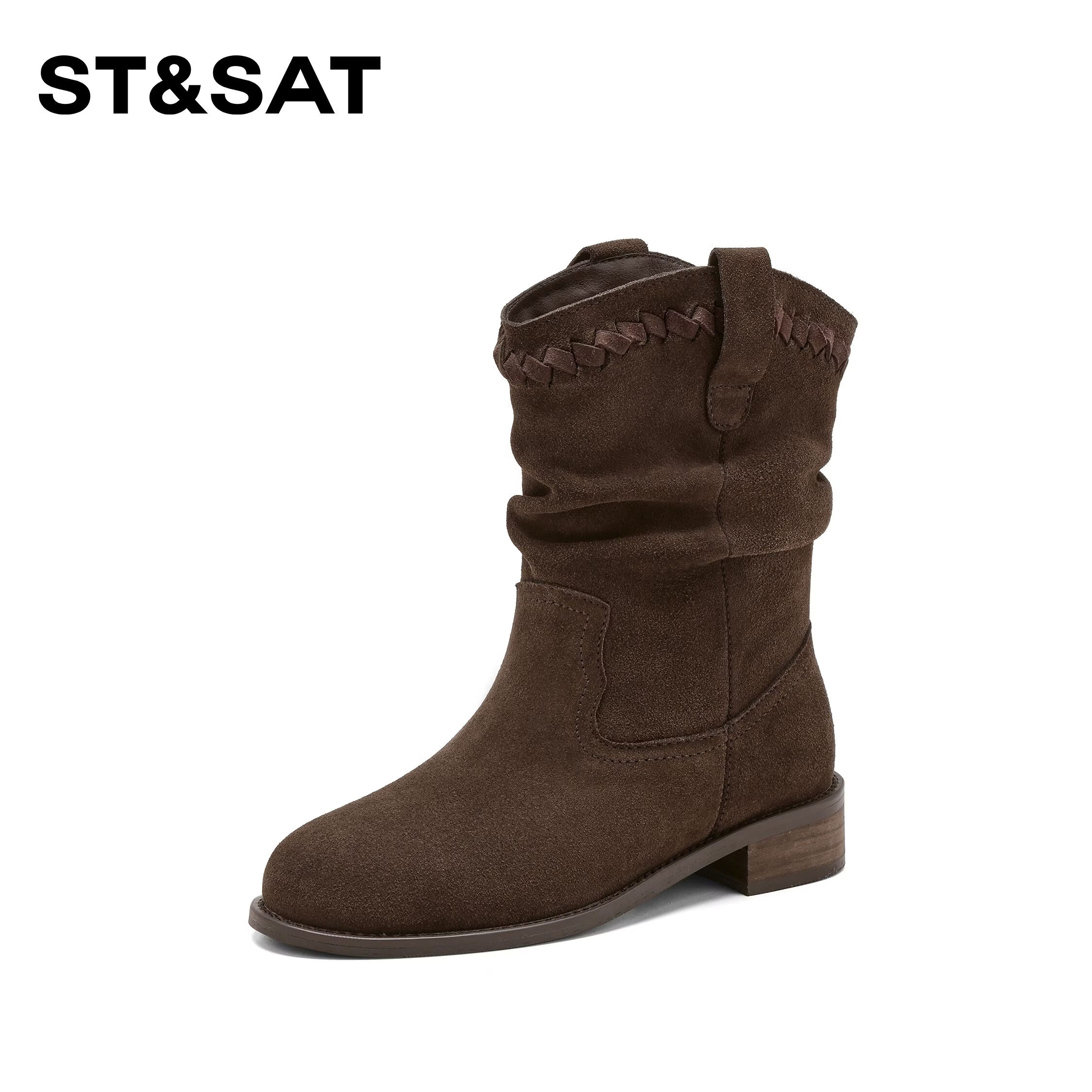 星期六短靴女款秋冬季2025新款百搭英伦风粗跟堆堆马丁靴西部牛仔靴子 咖啡色 35