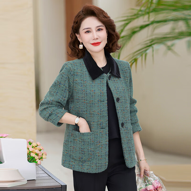 情罗兰（QINGLUOLAN）妈妈装50-60岁洋气春秋装女士外套中老年女装春装高档双面呢衣服 19172518绿色【双层里布】 XL 【建议100斤内】