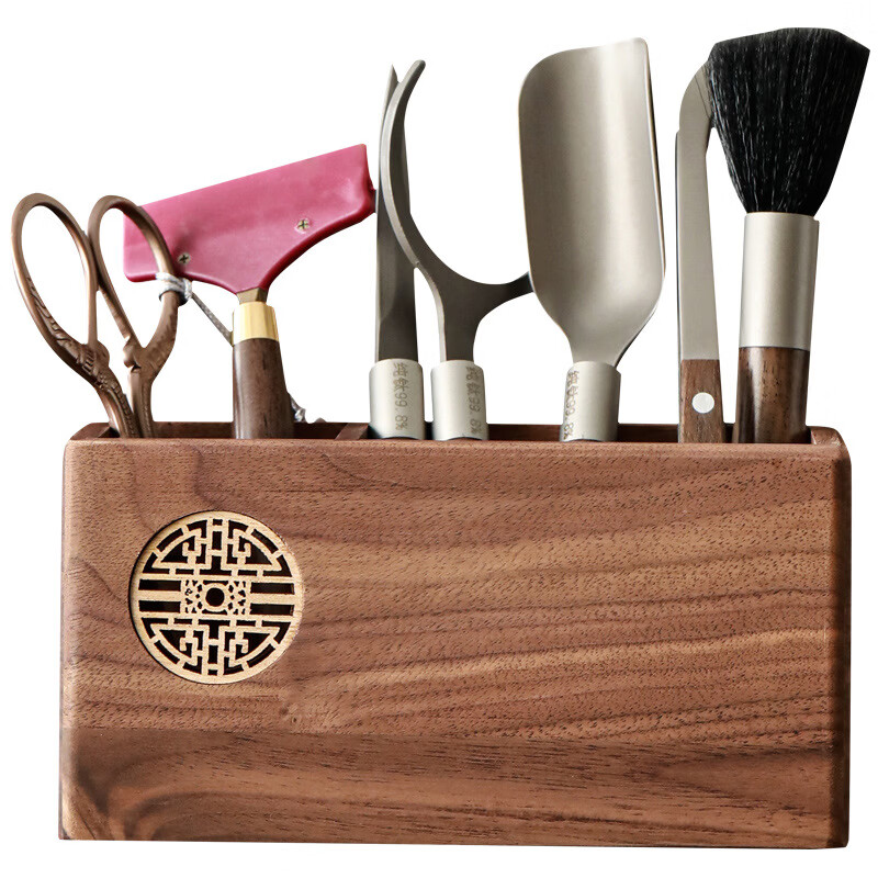 语森忆胡桃木六君子收纳桶套装茶道用品大全茶剪茶刀养壶笔家用茶具配件 双格茶道桶+黄铜竹节配件