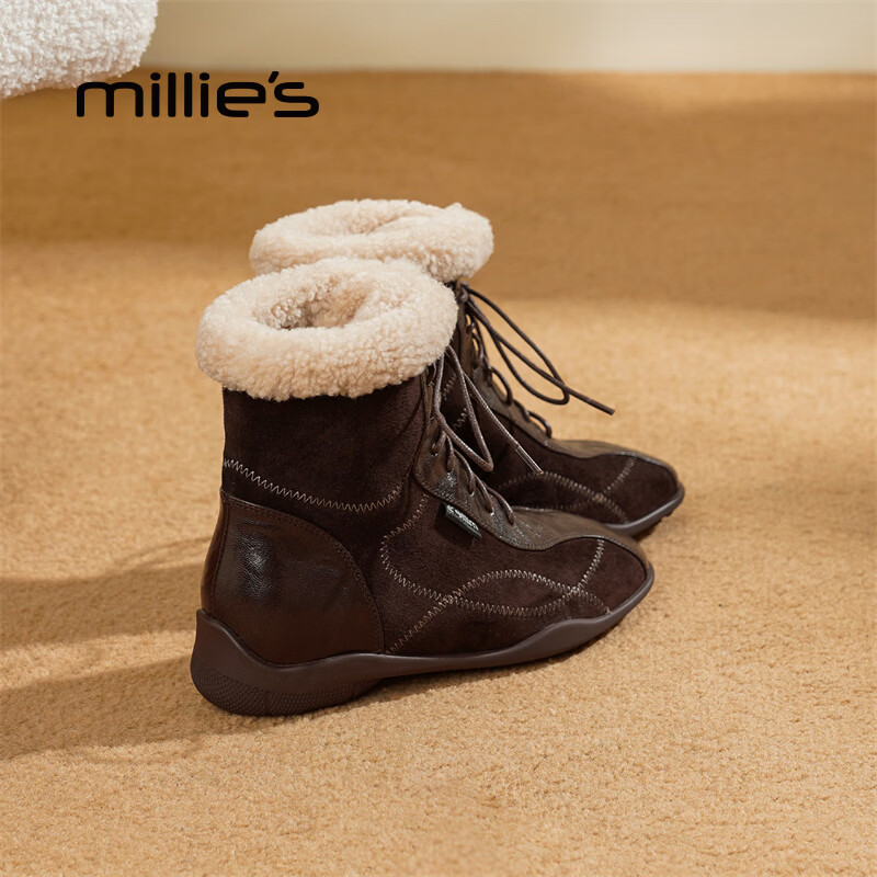 妙丽(Millies)雪地靴女低跟加绒时尚防寒潮流2025冬季新款百搭轻奢休闲保暖短靴 棕色 39 (245mm) 标准码