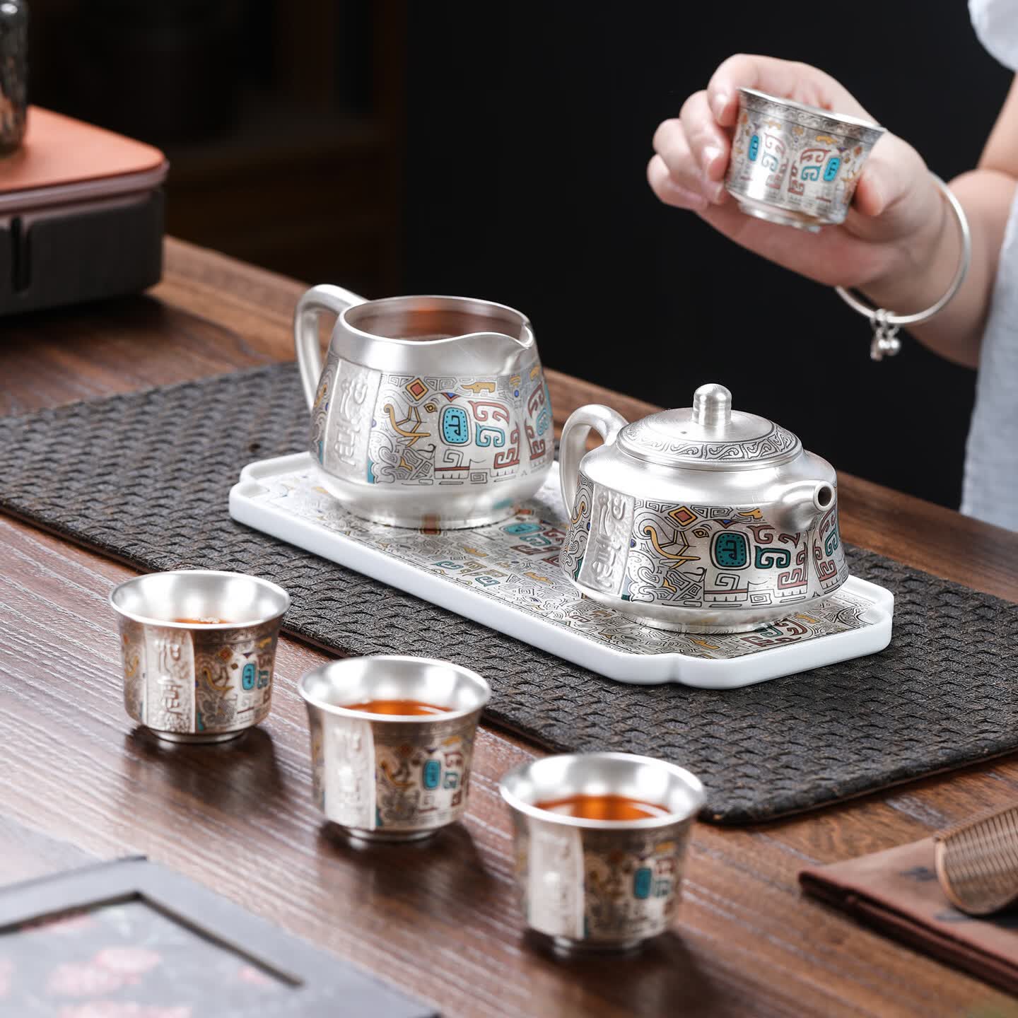 上新了文创 故宫鎏银茶具高档礼盒套装 纯银茶壶主人杯茶盘送长辈生日礼物 一壶四杯+公道杯+干泡盘