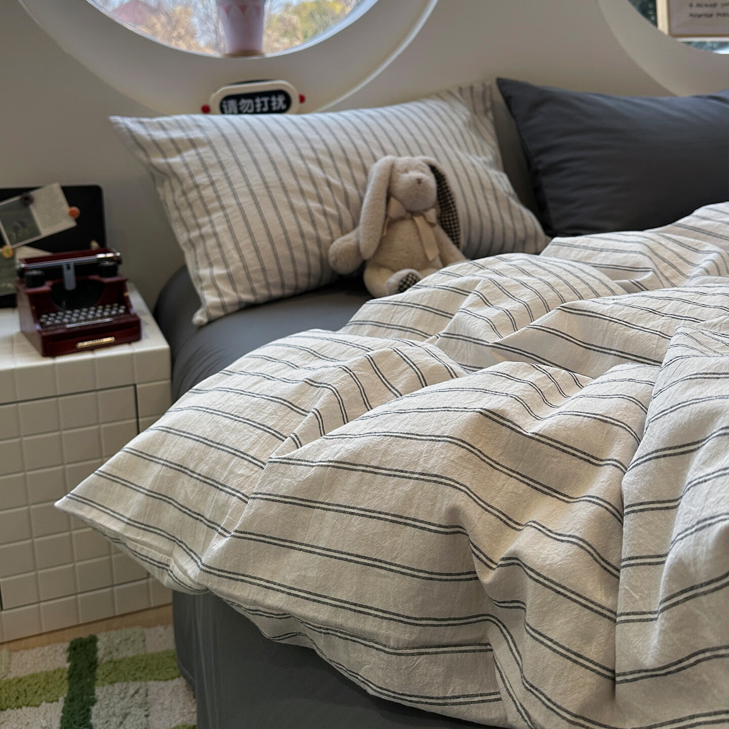 苏萱简约条纹纯棉水洗棉四件套全棉1.8米床上用品被套床单公寓三件套A 赫本条-米白 1.8m 床单款 四件套-被套200x230cm
