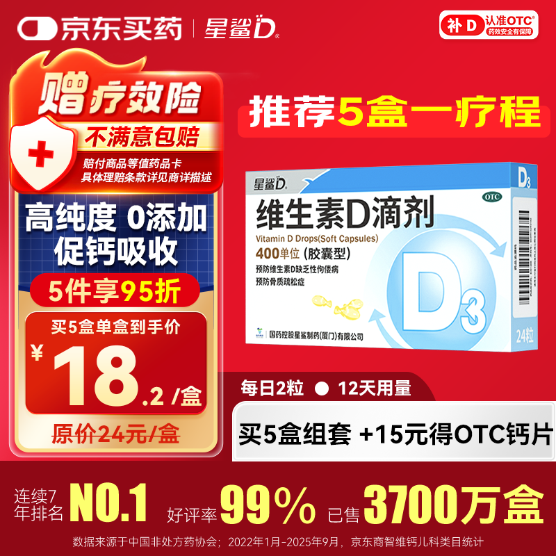 星鲨维生素D滴剂（胶囊型）24粒维生素d3婴幼儿0-1岁促钙吸收长高补钙京东自营非维生素B全年龄段可用